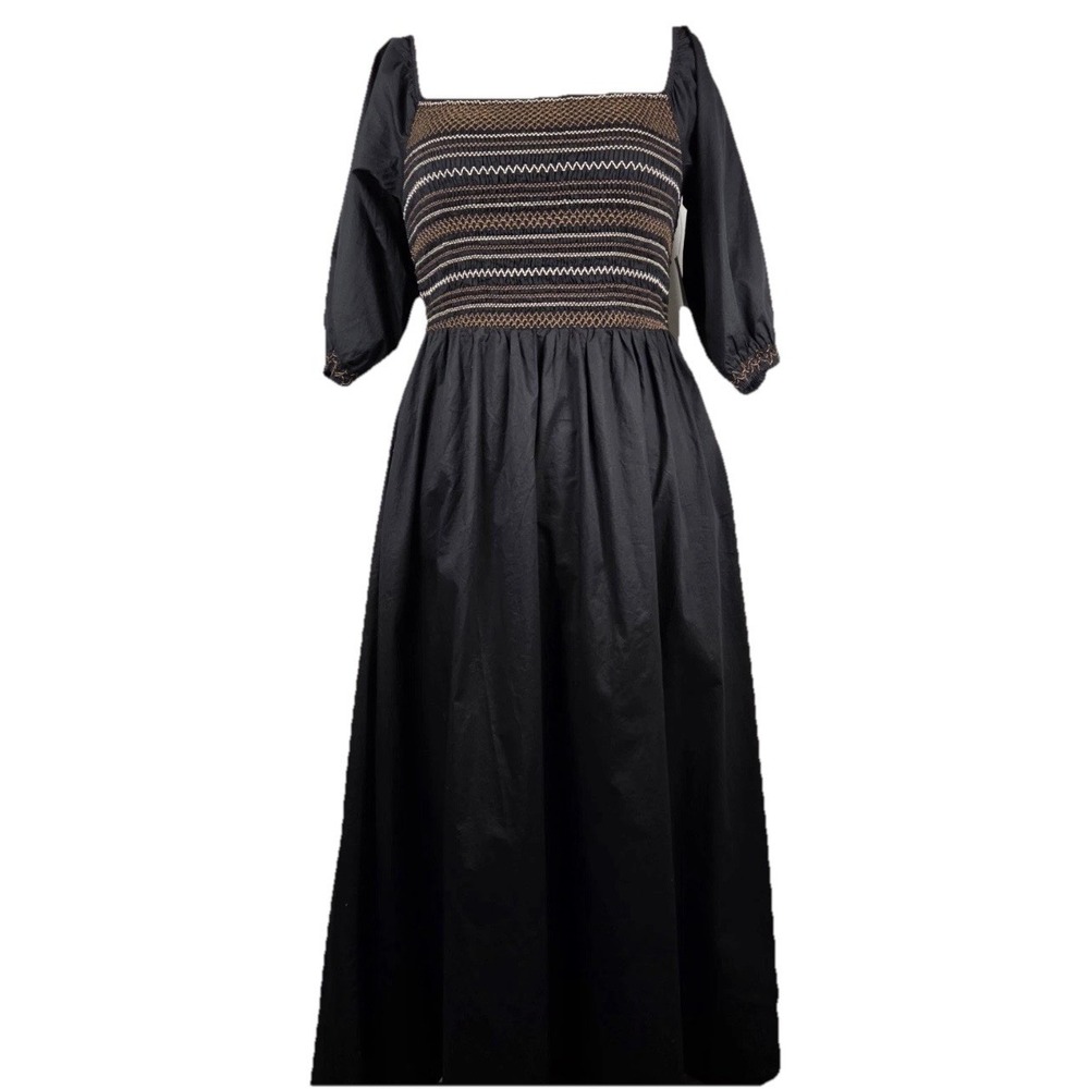 Milkmaid Black Maxi Dress L Smocked Embroidered Cottagecore Peasant Puff Sleeve - Picture 8 of 16